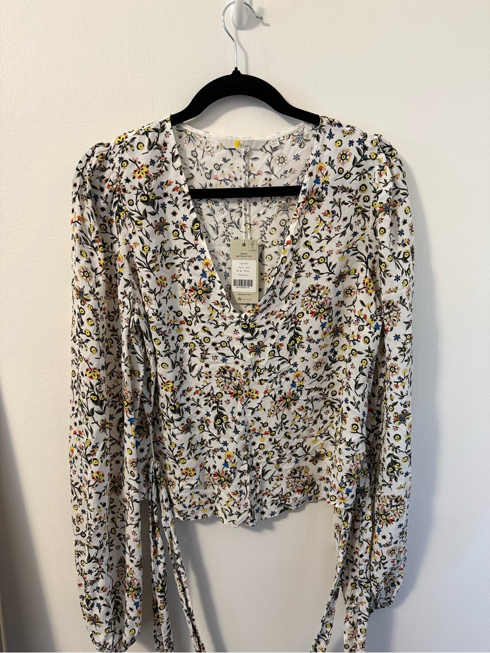 Boden White Floral Blouse with tie size 8 nwt